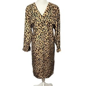 Vintage 90s Silk Leopard Print Button Front Long Sleeve Midi Shirt Dress Size 12